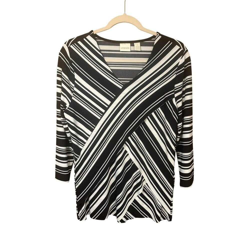 Chico's Womens Size 1 19x25 Black & White Striped Layered V-Neck Pullover Blouse